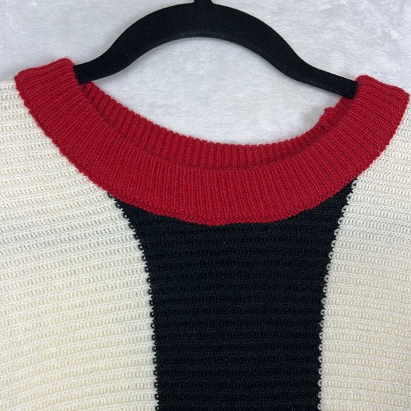 Commense Oversized Black White Red Bold Stripes Color Block Soft Knit Sweater - Picture 8 of 14